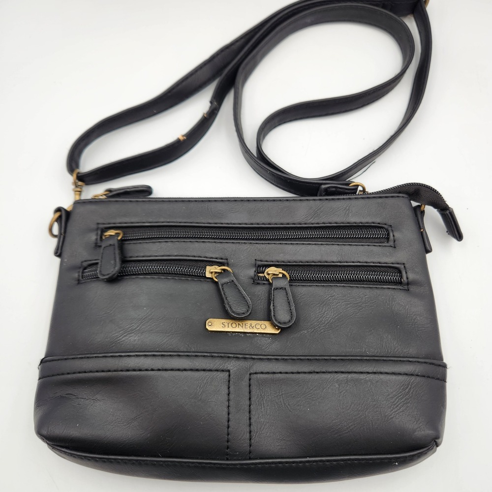 Stone & Co Crossbody Bag Black Faux Leather Multi Zip Shoulder Purse